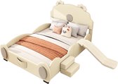 140 x 200 cm cartoonbed - kinderbed - berenbed - uitgerust met glijbaan en ladder - PU - beige - zonder matras