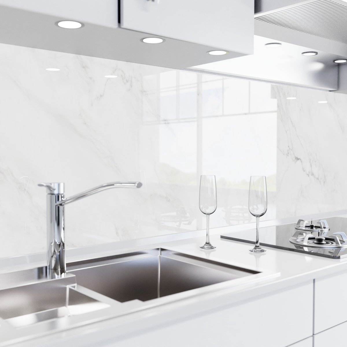 Keuken achterwand zelfklevend – Glaslook – Spatscherm keuken – Verstevigde PET folie – Spatwand fornuis – Muurbeschermer – 0,80 mm - Marmer wit - 280 cm x 60 cm