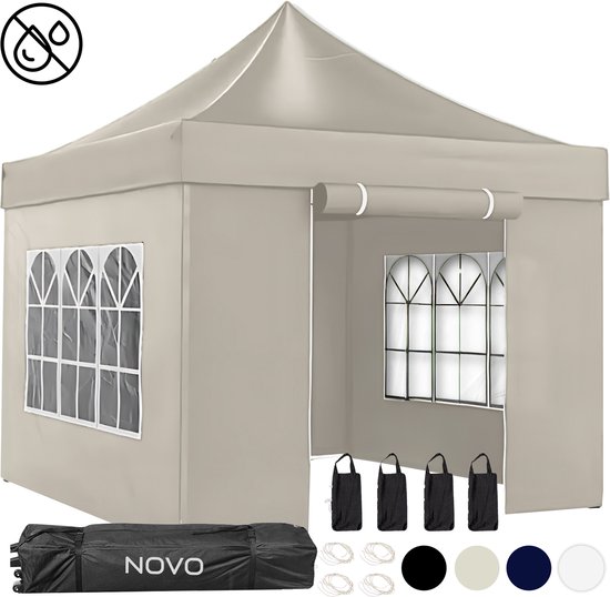 NOVO® Partytent Luxe – Easy up – 3 x 3m – Paviljoen met Zijpanelen – Waterdicht – Opvouwbaar – In Hoogte Verstelbaar – Zand