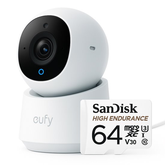 eufy Security Indoor camera E30 – Indoor Cam - 4K UHD – Pan & Tilt – AI Mens- en Huisdierdetectie – Kleurennachtzicht – Tweewegcommunicatie – Lokale Opslag + SanDisk High Endurance MicroSD Card 64GB, Tot 5.000 Uur Opnemen, Full HD En 4K