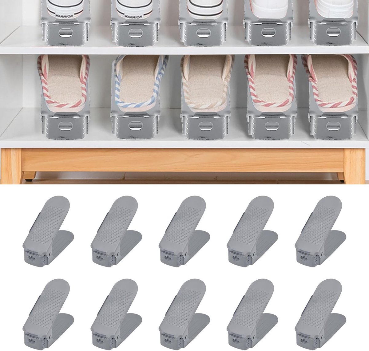 NAIZY 20 Stukken Reguleringbare Schoenzitsen Van PP Anti-Ritsel Schoenkasten Reguleringbare Hoogte Schoentakelaars Ruimtesparend Schoenenorganizer Set Huishouden Schoenenbehoud Dubbele Laag Schoenenhouder (Grijs)