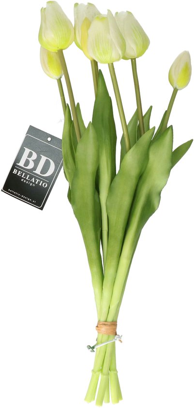 Bouquet de tulipes artificielles Bellatio Design Sally - 7 pièces - crème - toucher réel - 47 cm
