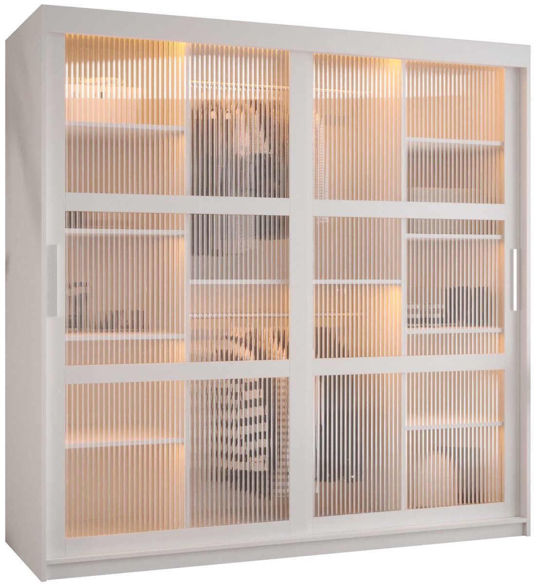 AJE Meubles B.V. Zweefdeurkast Kledingkast met 2 schuifdeuren glanzen slaapkamerkast Kledingstang met planken Garderobekast met geribbeld glas - ARTON (180 cm, Wit)