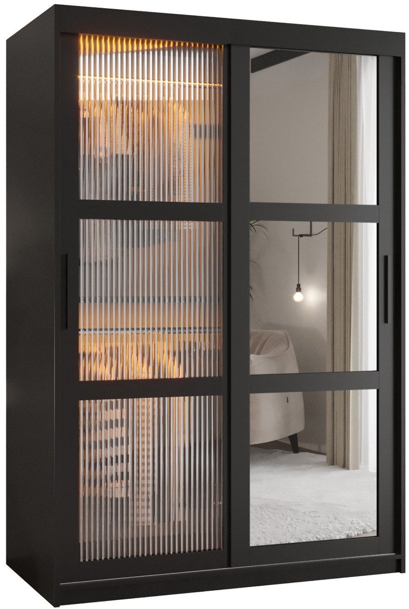 AJE Meubles B.V. Zweefdeurkast Kledingkast met 2 schuifdeuren glanzen slaapkamerkast Kledingstang met planken Garderobekast met geribbeld glas - ARTON 2 (120 cm, Zwart)