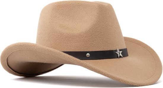 KIMU Cowboyhoed Lichtbruin Kinderen Ster - Lichtbruine Cowboy Western Hoed Sterretjes Jongen Meisje - Cowgirl Zilveren Sterren Carnaval