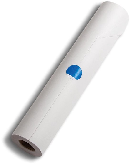 Een rol mat wit tekenpapier met een blauwe sticker.