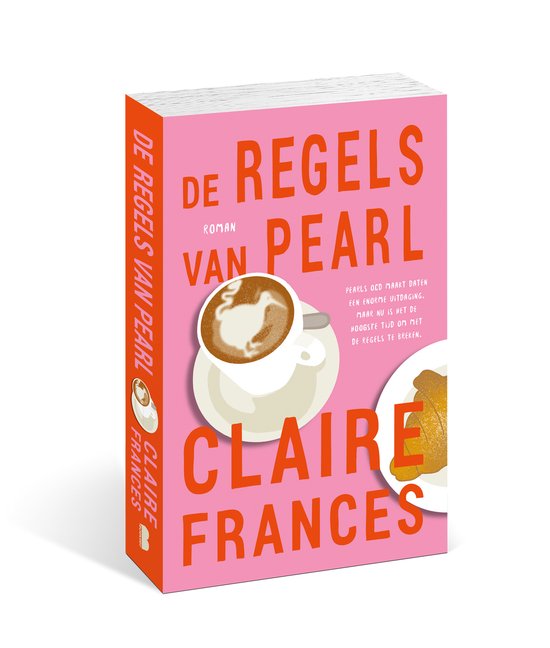 Boek met de titel 'De regels van Pearl' in oranje letters op een roze achtergrond. De zijkant van het boek toont ook de titel en auteur.