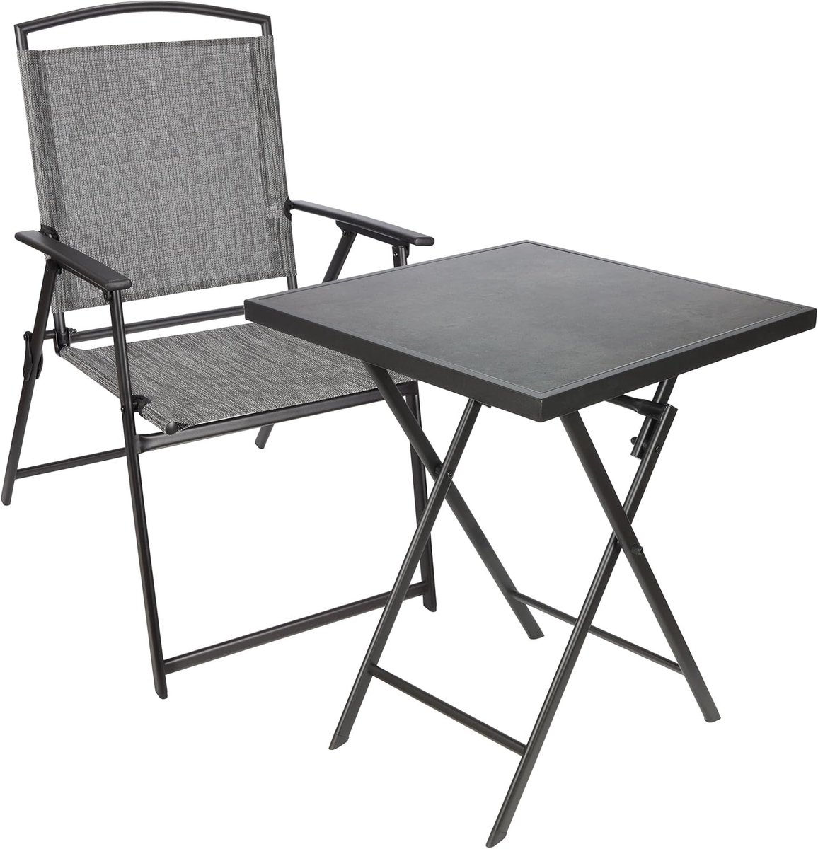 BRUBAKER Bergamo Tuinzitgroep, 1 klaptafel, hoekig met 1 stoel met hoge rugleuning, weerbestendig en ruimtebesparend, tuinstoel, campingstoel met tafel voor balkon en terras, grijs