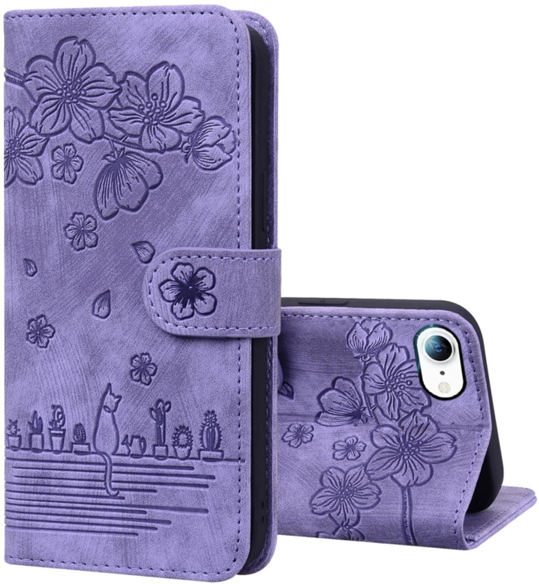 BookCover Hoes Etui geschikt voor Apple iPhone 16e - iPhone 17e - Paars - Bloemen Kat - Reliëf