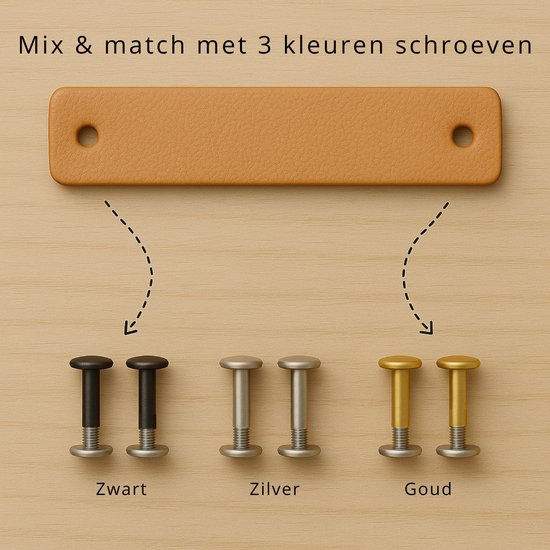 Lichtbruine leren handgreep met twee gaten en drie sets schroeven: zwart, zilver, goud.