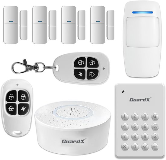 GuardX Alarmsysteem – Alarm - Beveiligingssysteem - Draadloos alarmsysteem met Bewegingssensor, Raam en Deursensors - App-bediening, – Incl. Sirene