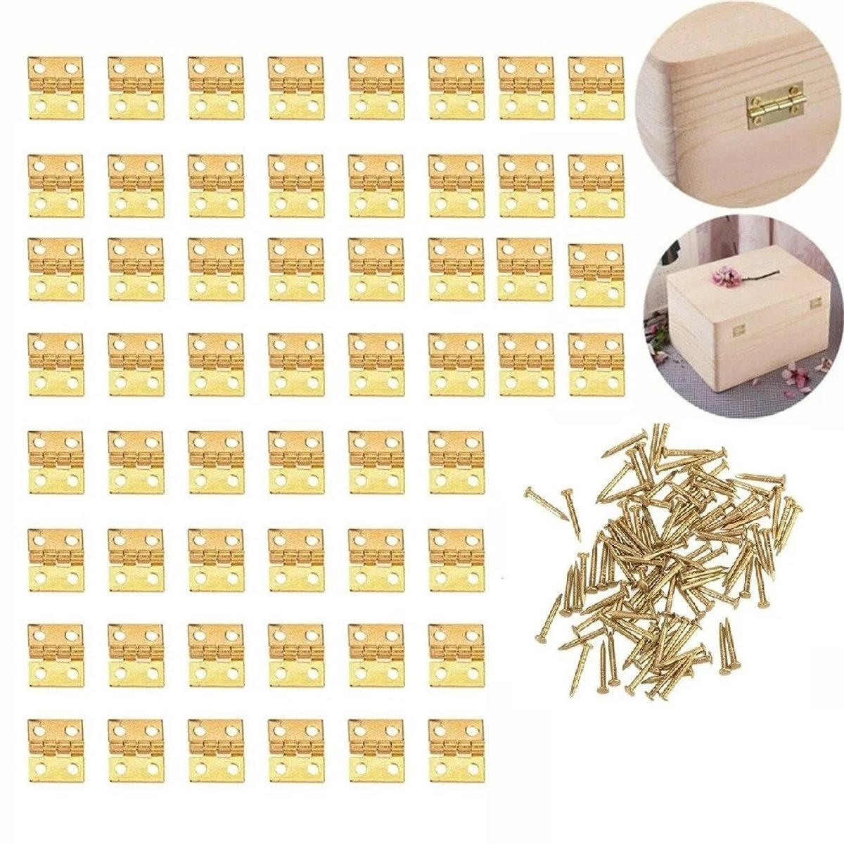 WiseGoods Premium Mini Scharnieren - 50 Stuks Met Spijkertjes - Vaste Pen - Deur En Kast Scharnier - Voor Kisten - DIY - Hobby
