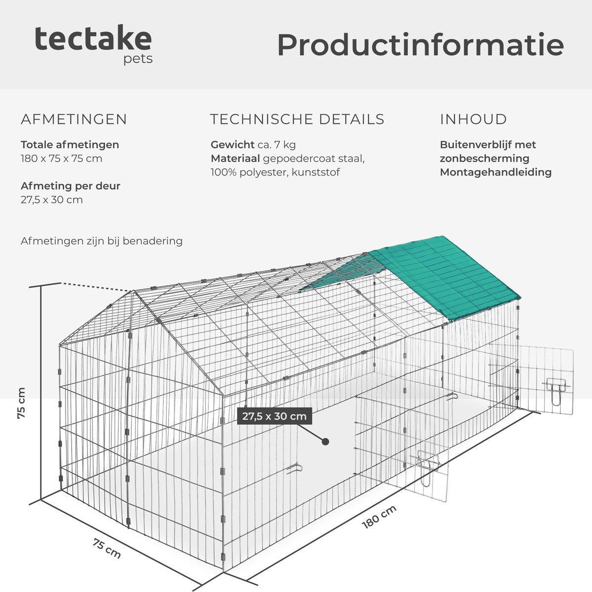 tectake® Konijnenverblijf - Konijnenren - Buitenverblijf met 2 afsluitbare deurtjes - Met zonwering - 180 x 75 x 75 cm - Snelle montage, verschillende maten mogelijk - Diverse kleuren - Groen thumbnail 5