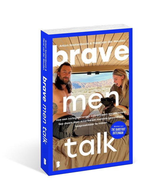 Boekcover van 'Brave Men Talk' met op de voorkant een man en vrouw met hond in een camper.