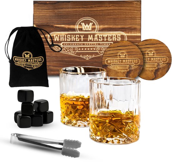 Whiskey Masters Luxe Whiskey Set - Incl. 2 Whiskey Glazen, 8 Whiskey Stones, 2 Onderzetters