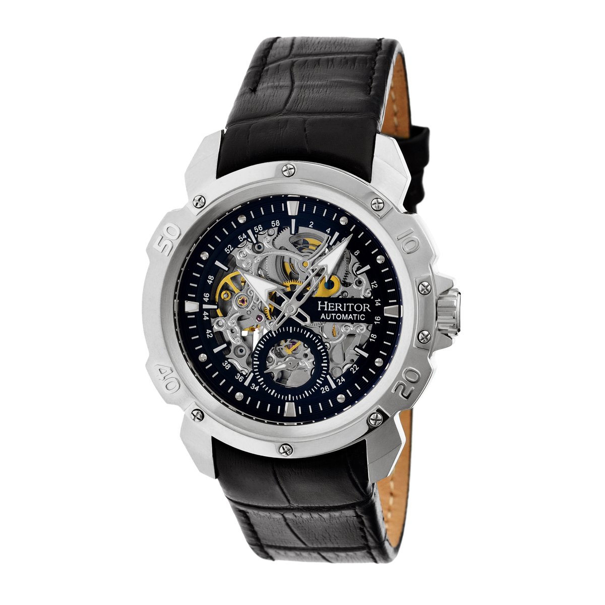 Heritor Automatic Conrad Skeleton leren band horloge - Zilver-Zwart