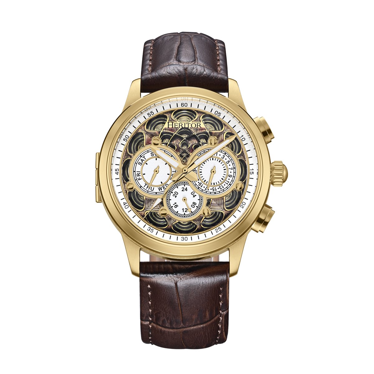 Heritor Automatic Apostle horloge met leren band en dag--datumfunctie - goud-bruin