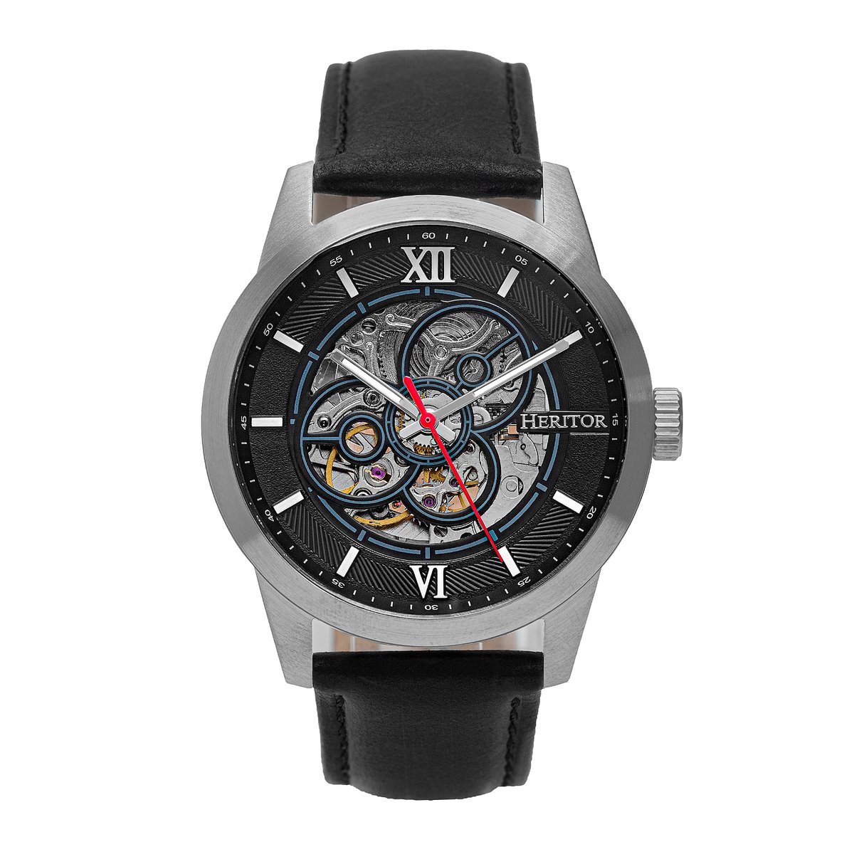 Heritor Automatic Jonas leren band skelethorloge - zilver-zwart