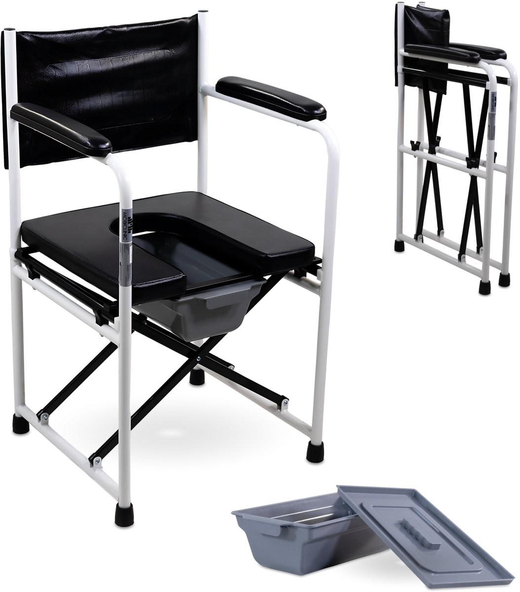 Mobiclinic Ebro - Toiletstoel - WC stoel - Met comfortabele zitting & emmer met deksel - Antislip doppen - Postoel - Tot 100 kg - Toiletstoel - Opvouwbare - Armleuningen gewatteerd - Verchroomd staal - Zwart