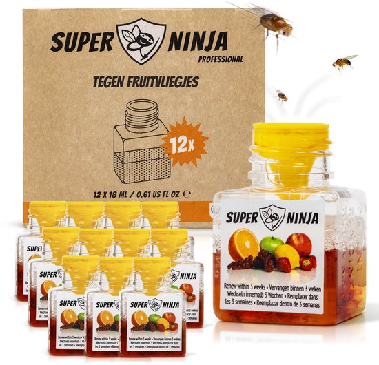 Super Ninja Fruitvliegjes Vanger - 12 Fruitvliegjes vallen - Zeer Effectieve en Ecologische Insectenval om Fruitvliegjes te Bestrijden - Direct Werkzaam, Milieu vriendelijke & Veilige Fruitvliegjesval