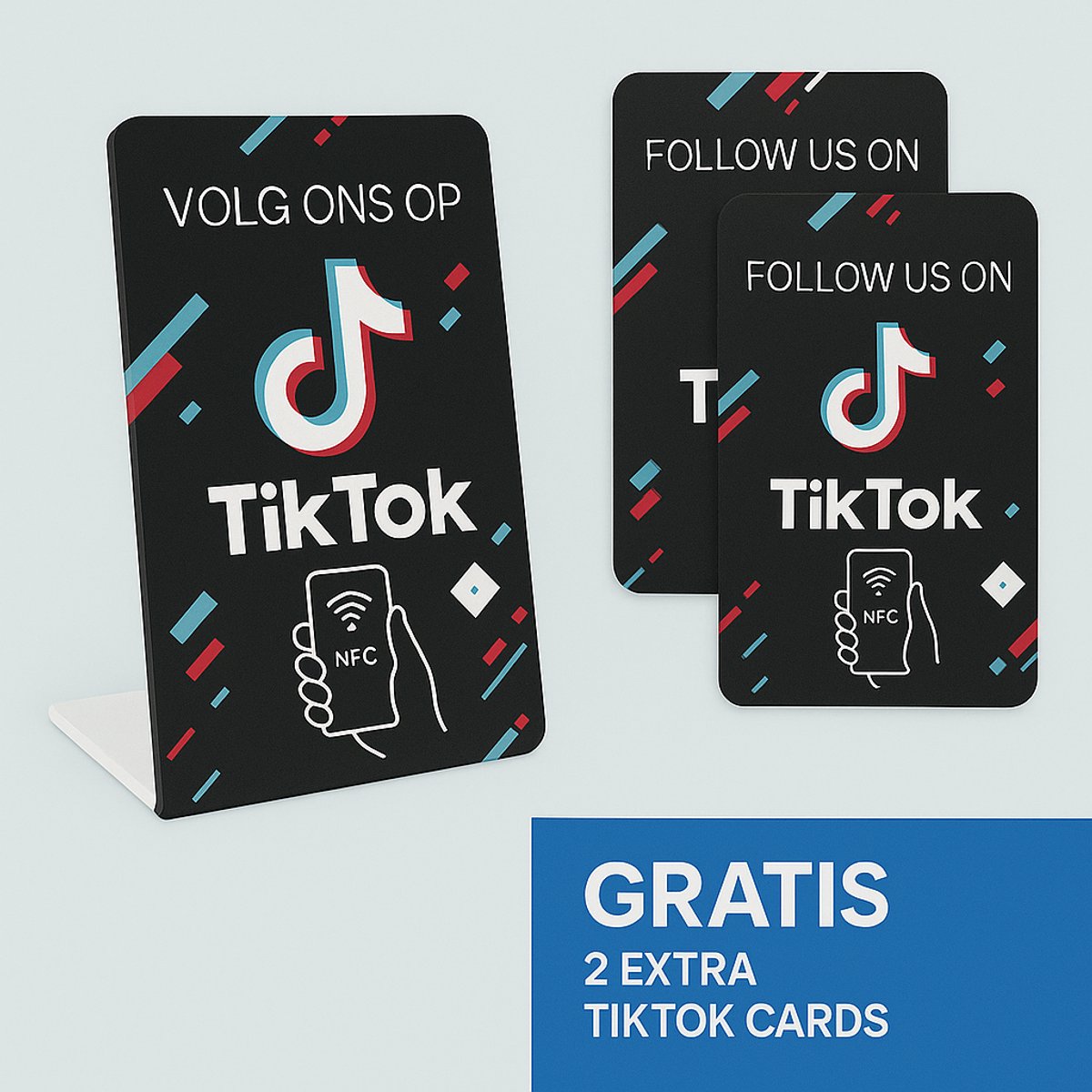TikTok Volg ons Kaart-Nu met 2 gratis Tiktok kaartjes! NFC- Staand display- Telefoonbordje- Volgers