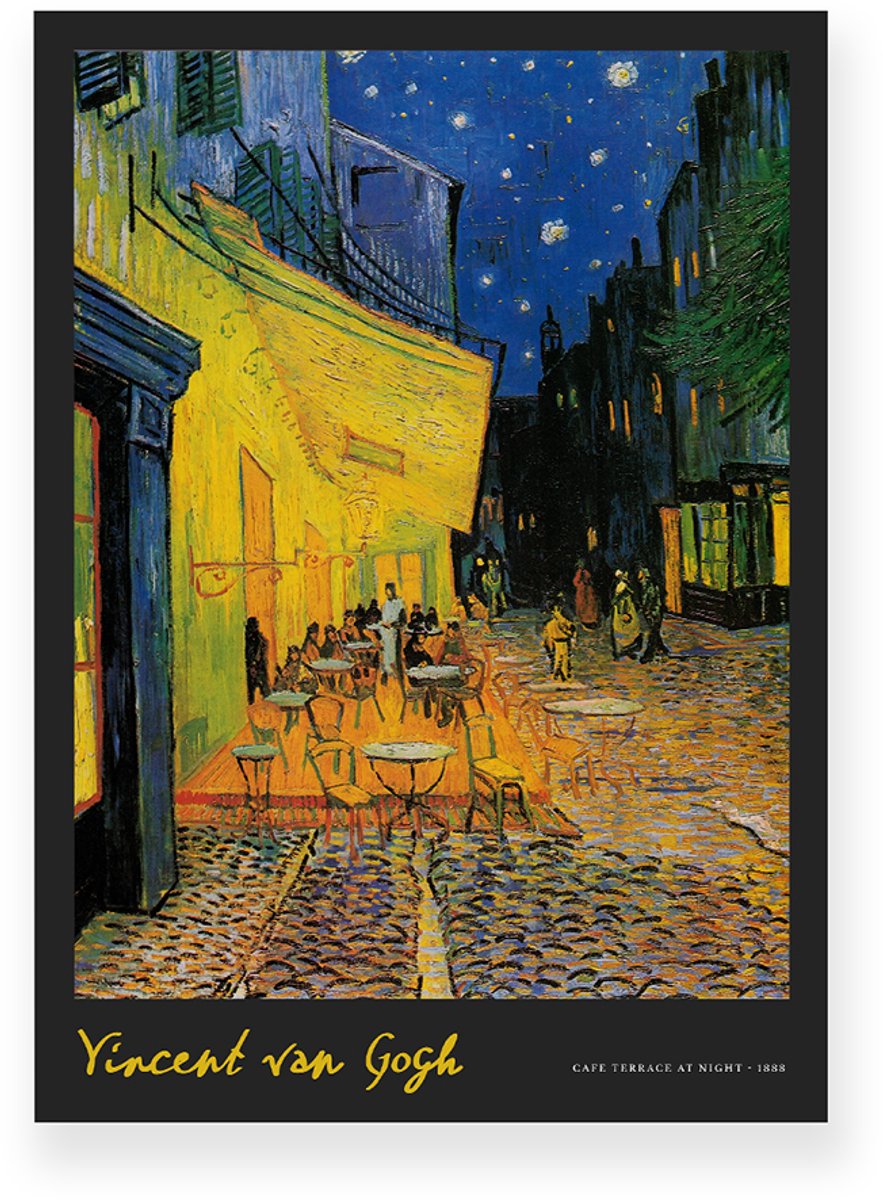 Yisual Poster 20x30 cm - Café Terrace at Night - Vincent van Gogh - Terras - Sterrenhemel - Geel - Blauw - Zwart - Postimpressionistisch - Stedelijk - Muurdecoratie - Wanddecoratie