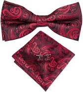 Set nœud papillon Sorprese - Pochette et Boutons de manchette inclus - 100 % soie - Rouge cachemire - Ensemble d'accessoires de Luxe pour homme - Nœud papillon - Nœud papillon