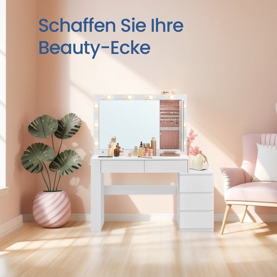 Hzuaneri Make-uptafel met ledverlichting, make-uptafel met grote HD-spiegel, 7 laden en 6 opbergvakken, make-uptafel voor slaapkamer, modern wit DT42303XEU