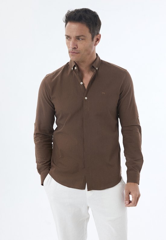 Jimmy Sanders Linnen Katoen Blend Shirt - Overhemd Heren Bruin - Xl