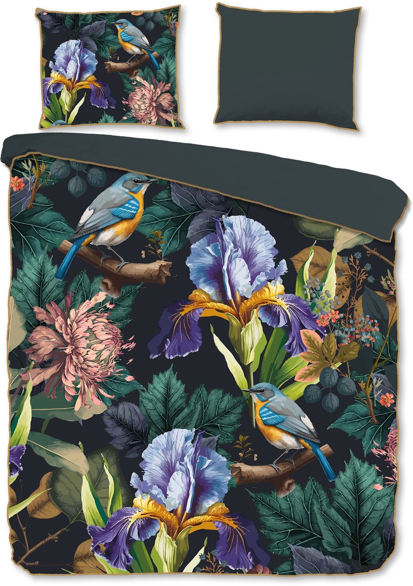 Descanso Dekbedovertrek "bloemen en vogels" - Antraciet - (200x200/220 cm) - Katoen Satijn