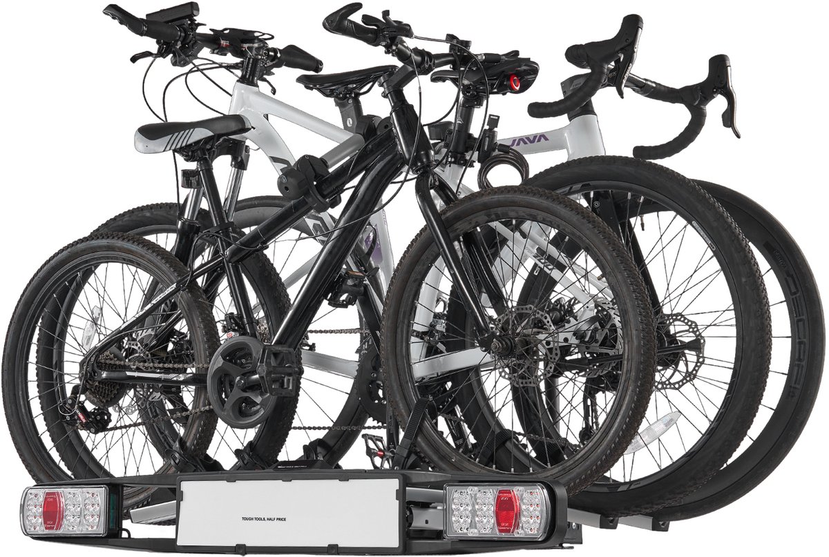 Fietsendrager, 5 cm Trekhaak, 3-Fietsendrager met 65 Kg Draagvermogen, Afsluitbare Uitvoering voor Elektrische Fietsen, InclUSief Achterlicht