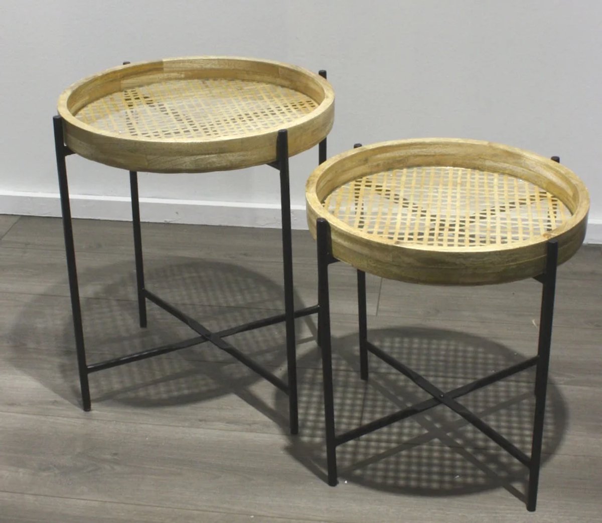 Bijzettafel metaal/riet/glasplaat S/2 Ø41,5x42