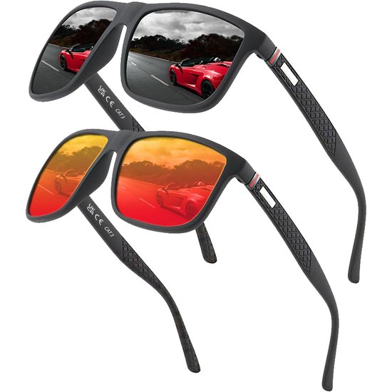 Lunettes de soleil aviateur polarisées HAUSS SPOLE pour hommes et femmes - Protection antireflet UV400 - Pour la conduite , les Voyages et les vacances - Ajustement léger et Comfort - Matériau PC - Lot de 2 - Rouge + Zwart