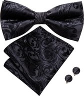 Set nœud papillon Sorprese - Pochette et Boutons de manchette inclus - 100 % soie - Paisley Zwart - Ensemble d'accessoires de Luxe pour homme - Nœud papillon - Nœud papillon