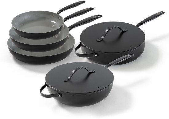 Foto: Be living 5 delige pannenset 20 24 28 cm koekenpan 30 cm wokpan 28 cm hapjespan koekenpannenset bakpan keramisch pfas vrij anti aanbak inductie zwart essential series