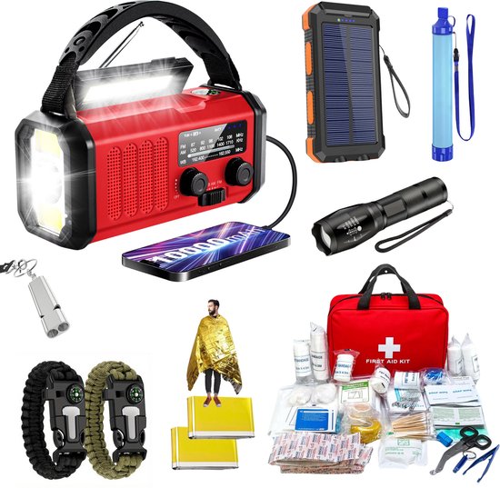 DreamGoods PRO+ Noodpakket voor thuis - Compleet Overlevingspakket - voor Oorlog, Stroomuitval & Rampen - 10.000mAh Noodradio Solar Opwindbaar en Batterij - Survival kit: Armband, Powerbank, Waterfilter, Noodfluit - 72 uur - Kamperen & Outdoor