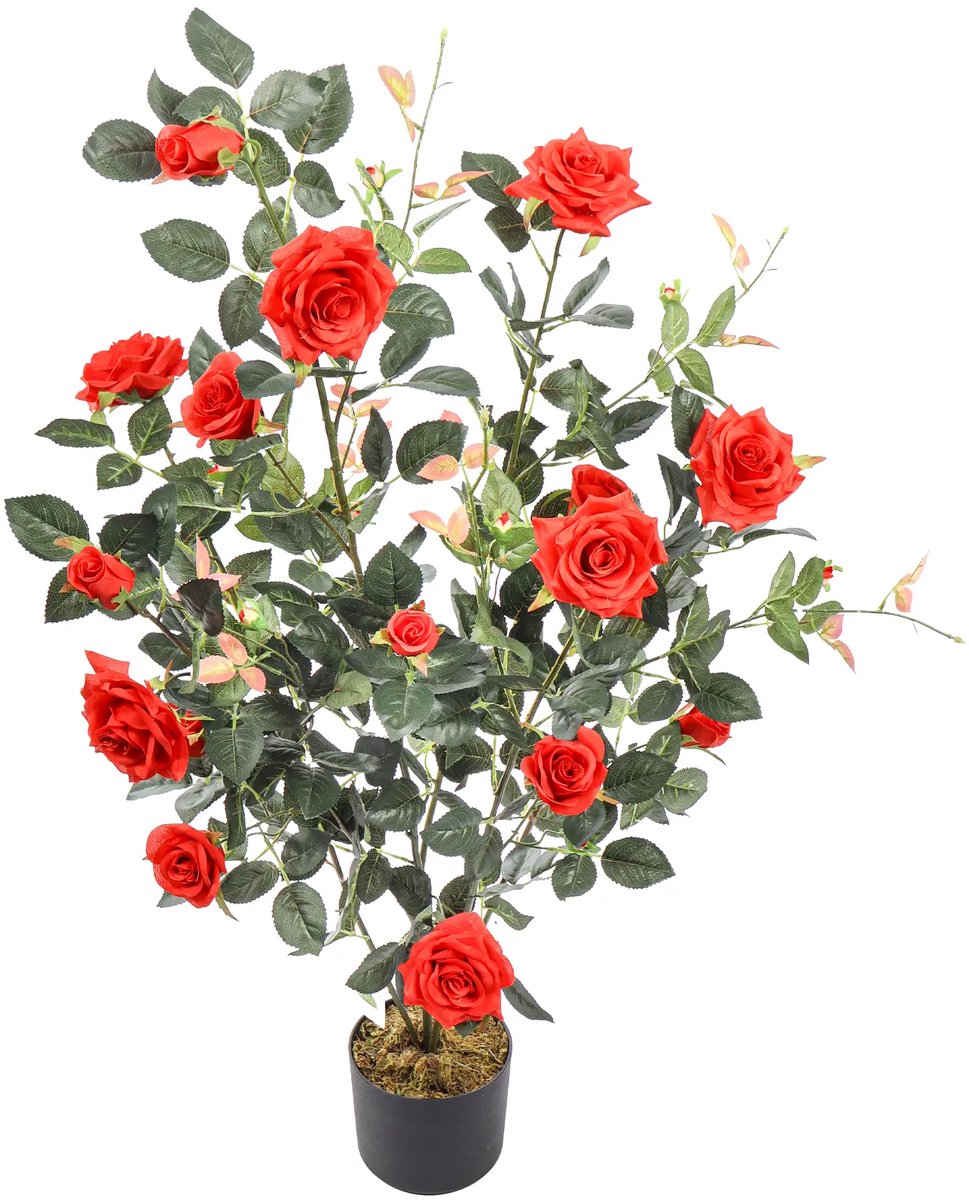 Kunstpalm Kunst Rozenstruik Rood – 120 cm – Grote Rode Rozen – In Pot – Realistische Binnenplant