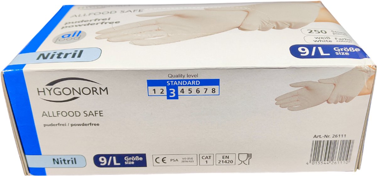 Hygonorm Nitril Handschoenen Maat L – Wit – 250 Stuks – Poedervrij – Allfood Safe – Wegwerphandschoenen voor Voedselverwerking en Hygiëne