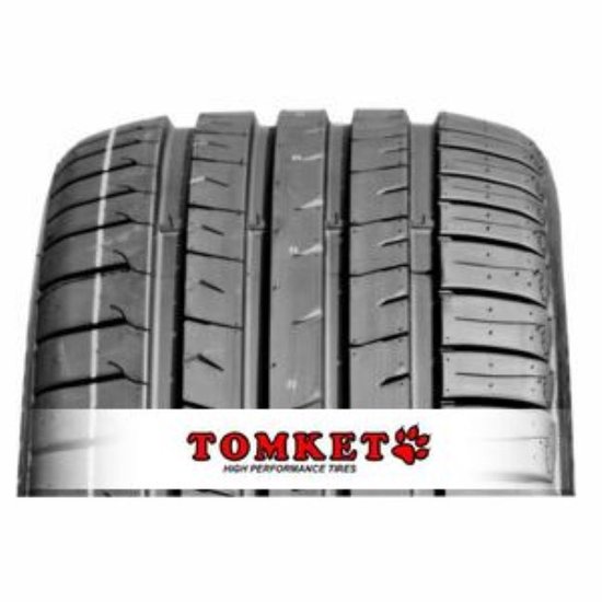 TOMKET banden met profiel detail, met "TOMKET HIGH PERFORMANCE TIRES" logo.
