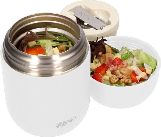 Witte FB Pro voedselcontainer gevuld met salade, een losse witte deksel met magnetische sluiting en uitklapbare lepel.