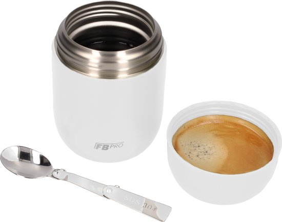 Witte FB Pro voedselcontainer met een koffieproduct erin, een losse witte deksel en een uitklapbare lepel.