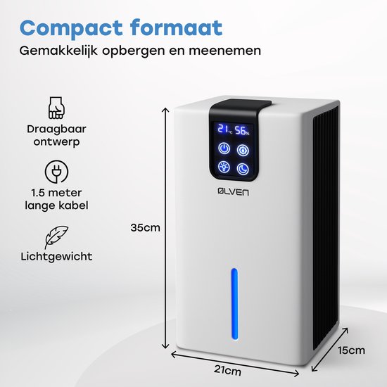 Ølven - Déshumidificateur - Déshumidifie jusqu'à 0,7L par jour - Déshumidificateur - Silencieux - Mode nuit - Wit