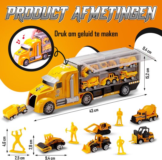 Oranje vrachtwagen met afmetingen, met open trailer vol gele mini bouwvakkers en voertuigen. Losse gele voertuigen met afmetingen.