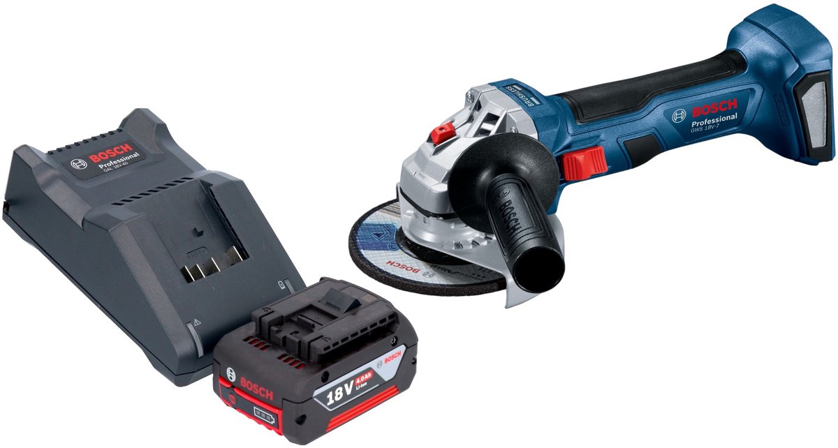 Bosch GWS 18V-7 Professionele accu haakse slijper 18 V 115 mm borstelloos + 1x accu 4.0 Ah + lader