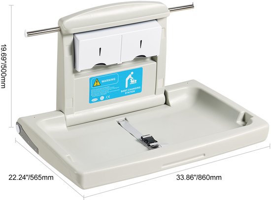 Wandgemonteerde Verschoontafel, Opvouwbare Verschoontafel met Veiligheidsgordels en Ophangstangen, Voor Commerciële Toiletten en Kinderdagverblijven van VEVOR — afbeelding 5