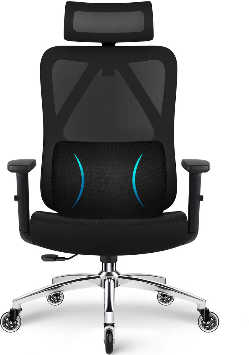 Elekiatech Bureaustoel - Ergonomische Bureaustoel - Bureaustoelen voor Volwassenen - 3D Lendensteun - 2D Hoofdsteun - Traagschuim Zitting - Zwart