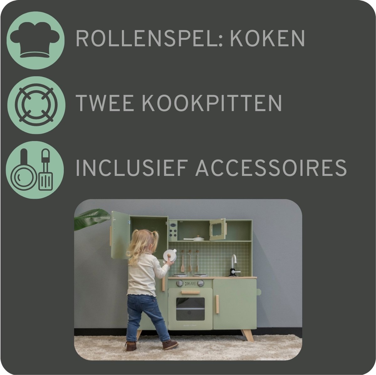 Bandits & Angels Houten Kinderkeuken XL Modern Groen vanaf 3 jaar - Aanrechthoogte 52 cm - Incl. 5 accessoires - Voor Meisjes - Kinder Keukentje - Speelgoed Keuken - Groene Speelkeuken — afbeelding 5