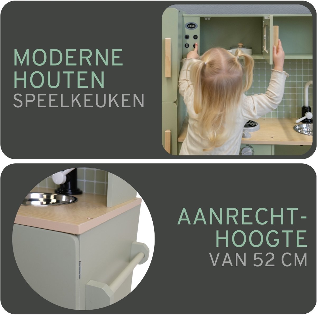 Bandits & Angels Houten Kinderkeuken XL Modern Groen vanaf 3 jaar - Aanrechthoogte 52 cm - Incl. 5 accessoires - Voor Meisjes - Kinder Keukentje - Speelgoed Keuken - Groene Speelkeuken — afbeelding 6