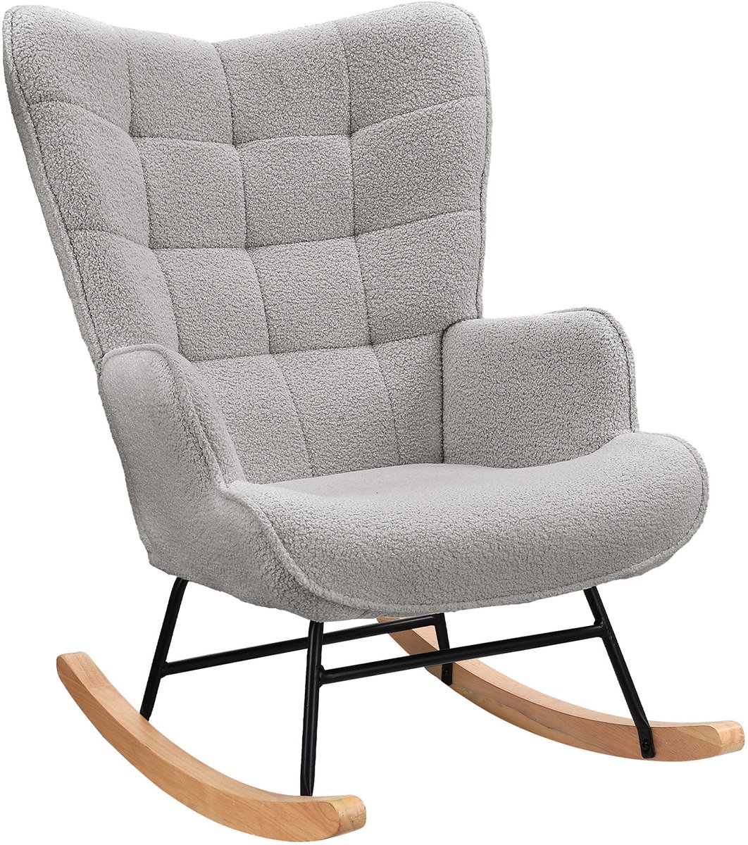 Schommelstoel, Verpleegstoel in pluche stof, Schommelstoel met hoge rug, Massief houten en metalen frame, Lichtgrijs