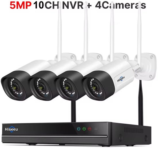 Set de caméras de sécurité - 3 To - 5 Mpx - 4 Caméras - Connexion Wi-Fi - Système de surveillance par caméra - Audio bidirectionnel - Grand stockage - H.265 10 canaux - NVR 5 Mpx